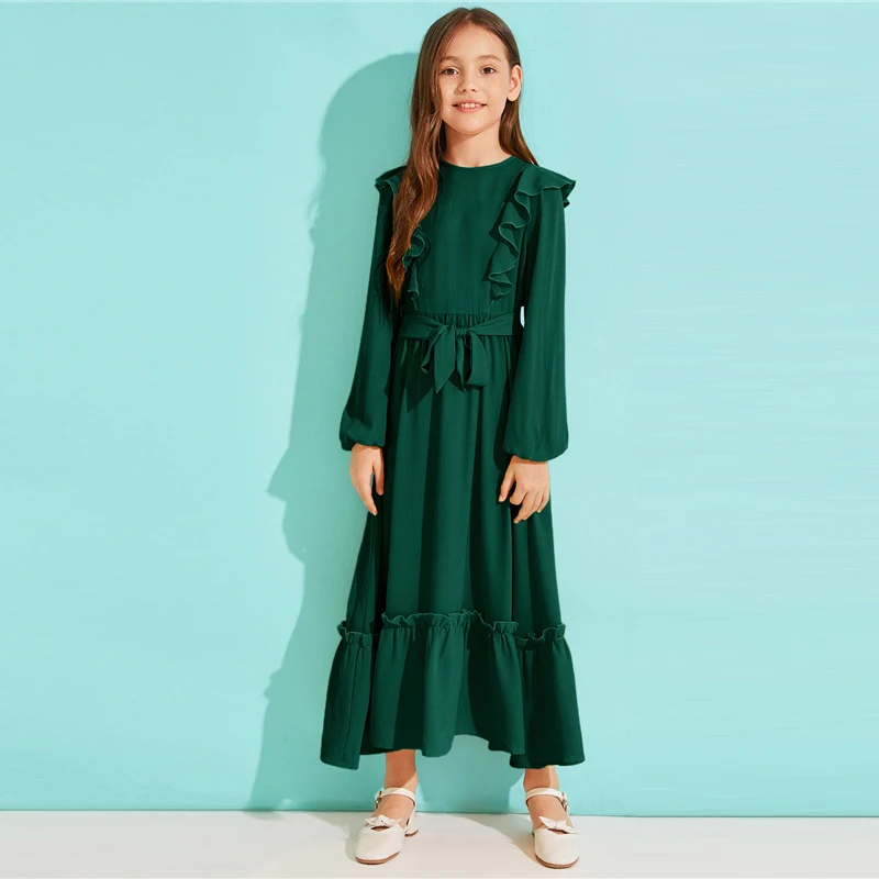 SHEIN Kiddie/однотонное платье с оборками на подоле для девочек с поясом; коллекция года; сезон осень; милые детские макси платья с высокой талией на молнии сзади