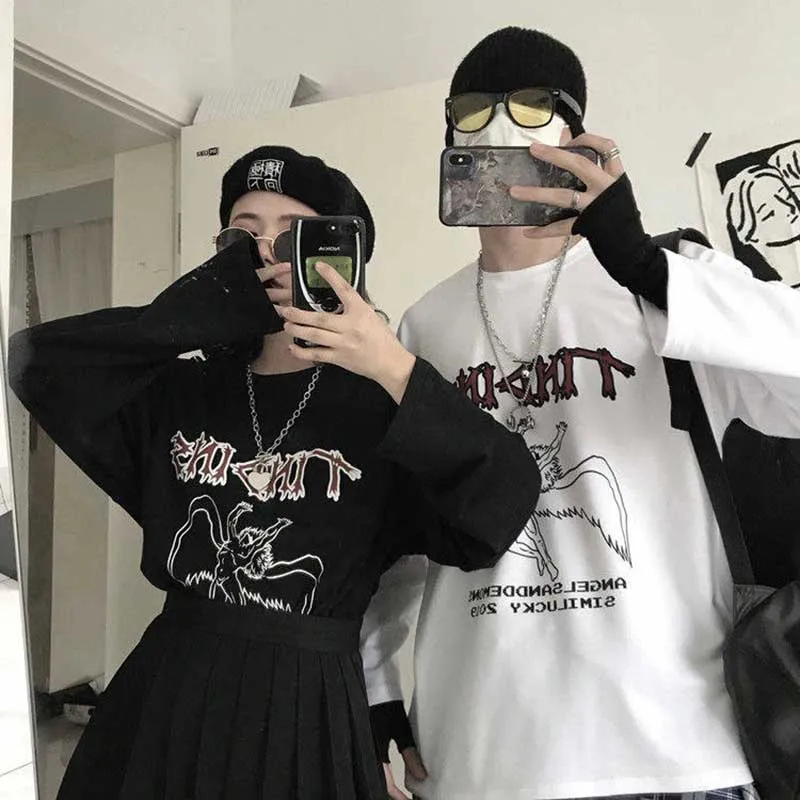 NiceMix весна корейский осень ulzzang Харадзюку улица хип-хоп Темный Ретро Ангел печать футболка ins модная свободная повседневная женская