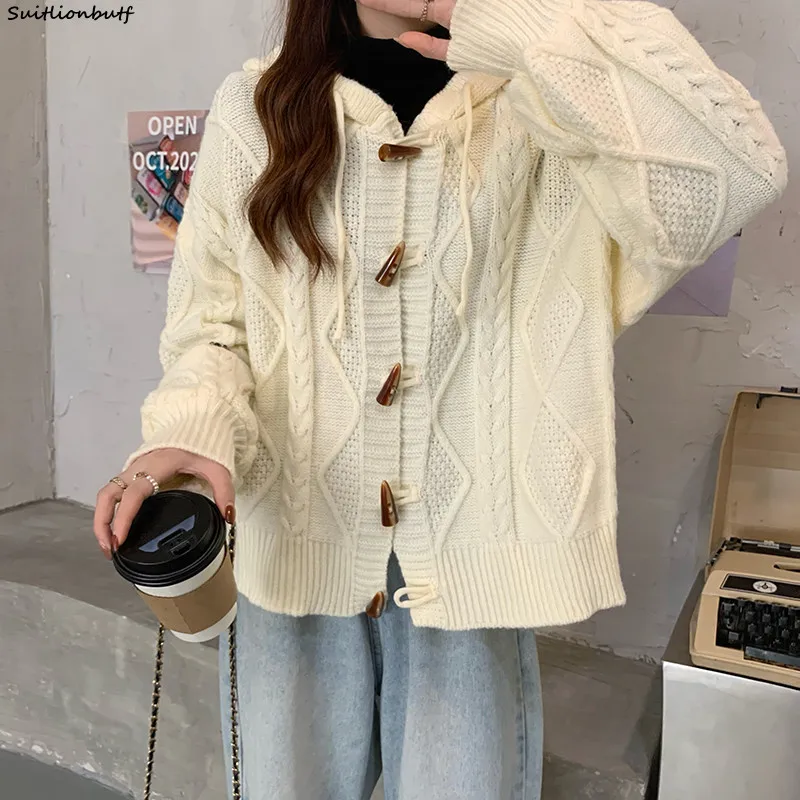 

Hooded Cardigan Coat Sheep Wool Knitt Sweater Horn Single-Breasted Long Sleeve Top Loose Woman Winter 2021 Autumn Solid Blouse