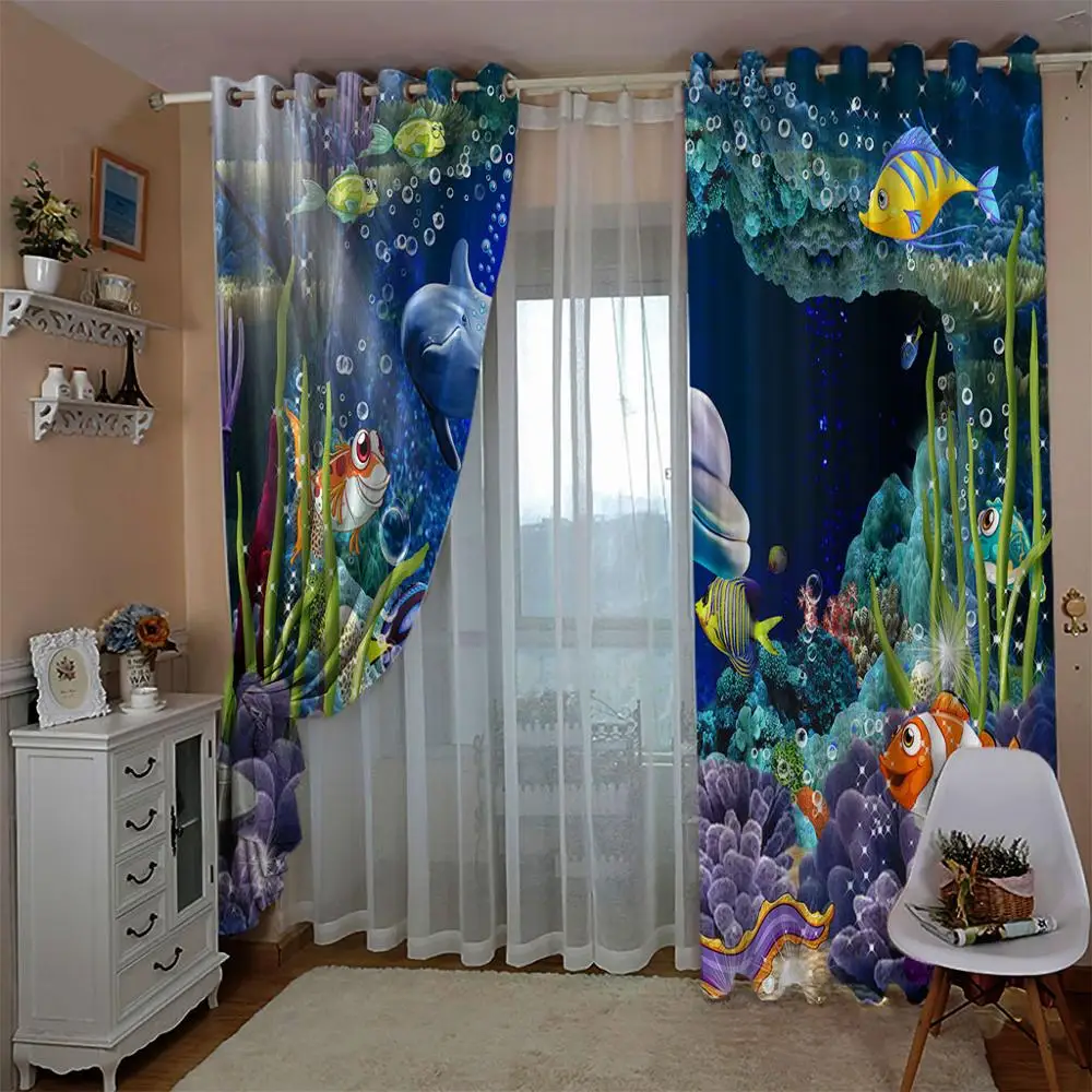 

Beautiful Underwater World Printing Curtain 3D Curtains dolphin Photo Printing Children Room Window Drapes