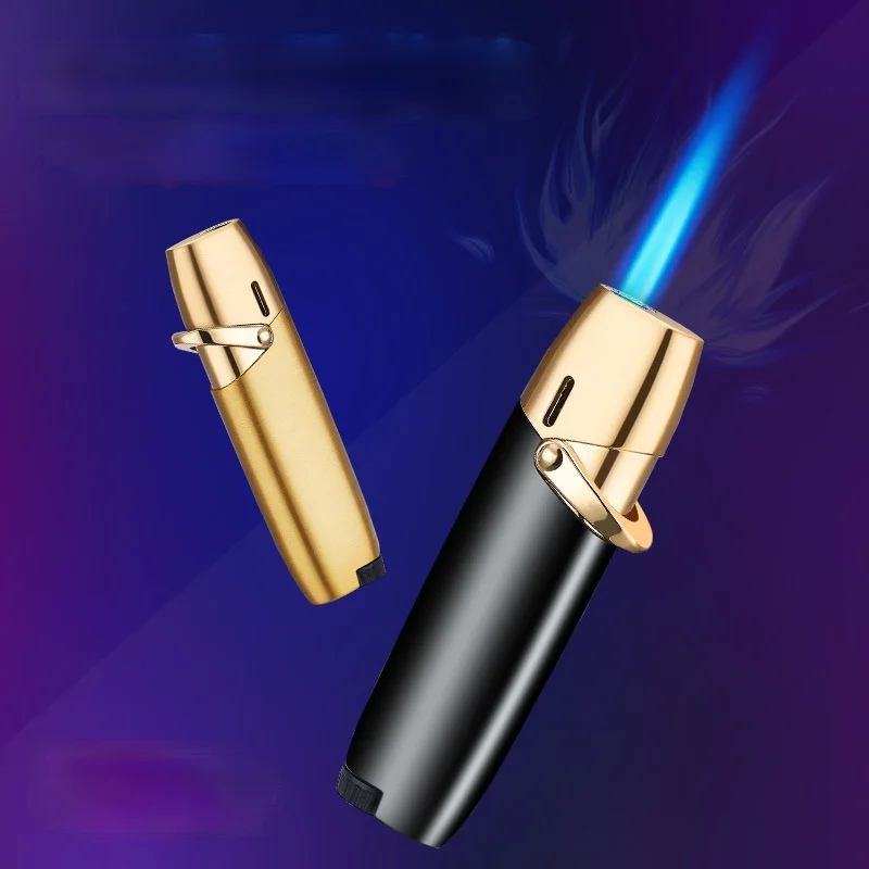 

2021 New Mini Portable Ladies Metal Straight Blue Flame Inflatable Lighter Deep Hole Windproof Design Gift for Men Torch Lighter