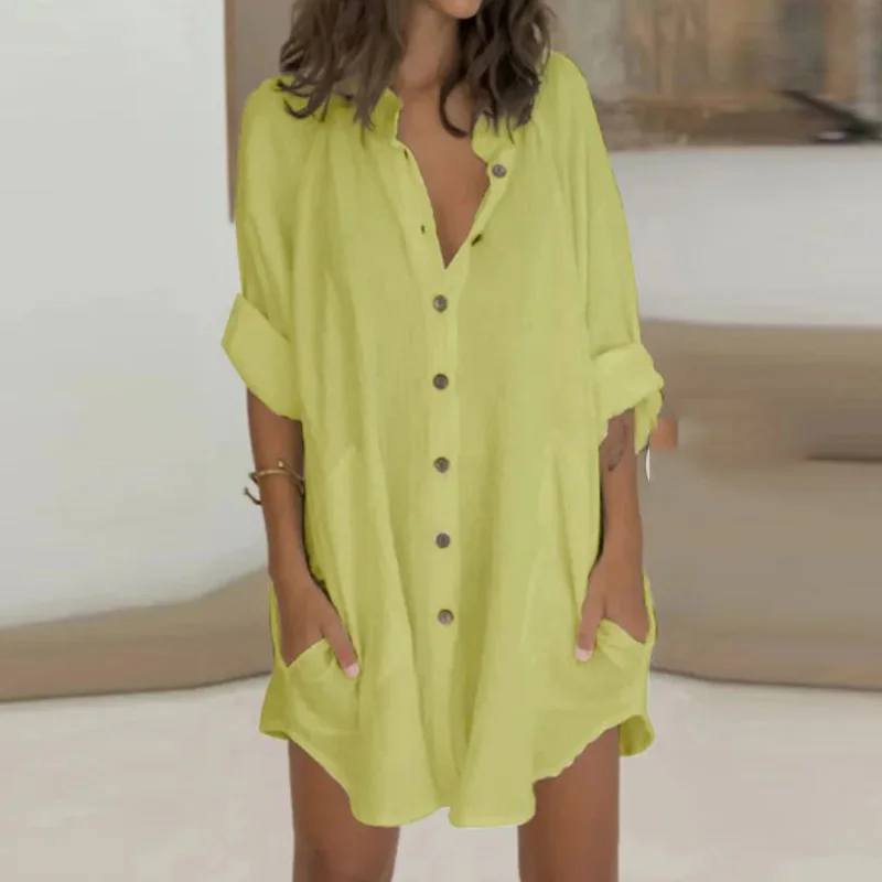 

Summer New Women Blouse Fashion Loose Solid Cotton Female Long Shirts Exy Single Breasted Button Irregular Pockets Ladies Shirt