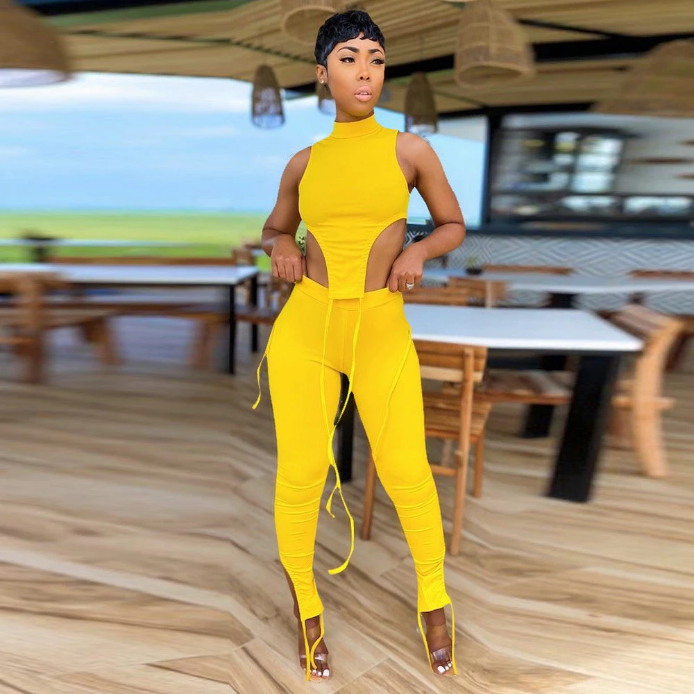 

High Elastic Fitness Two Piece Set Sleeveless High Necked Irregular Crop Top Slim Fit Legging Summer Loungewear Matching Suits