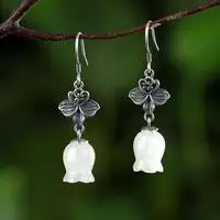 

S925 Sterling Silver Inlaid Hetian Jade Silver Earrings Retro Elegance Upscale Personality Lady's Flower Eardrop Earring
