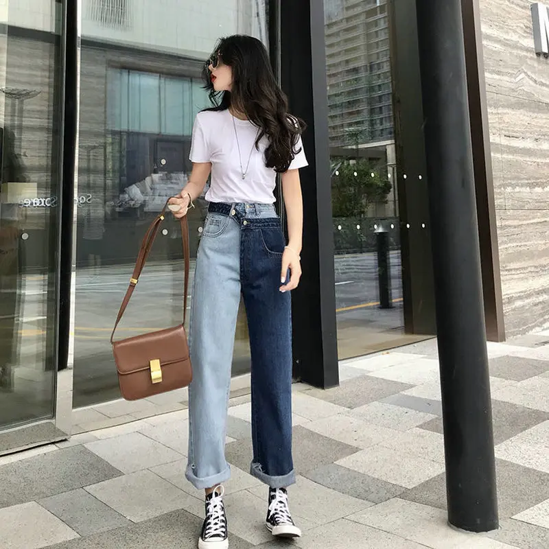 

Patchwork Fake Two-Pieces Jeans Fashion Leisurely Streetwear Pants High Waisted Straight Jeans Spring and Autumn Woman Trouser
