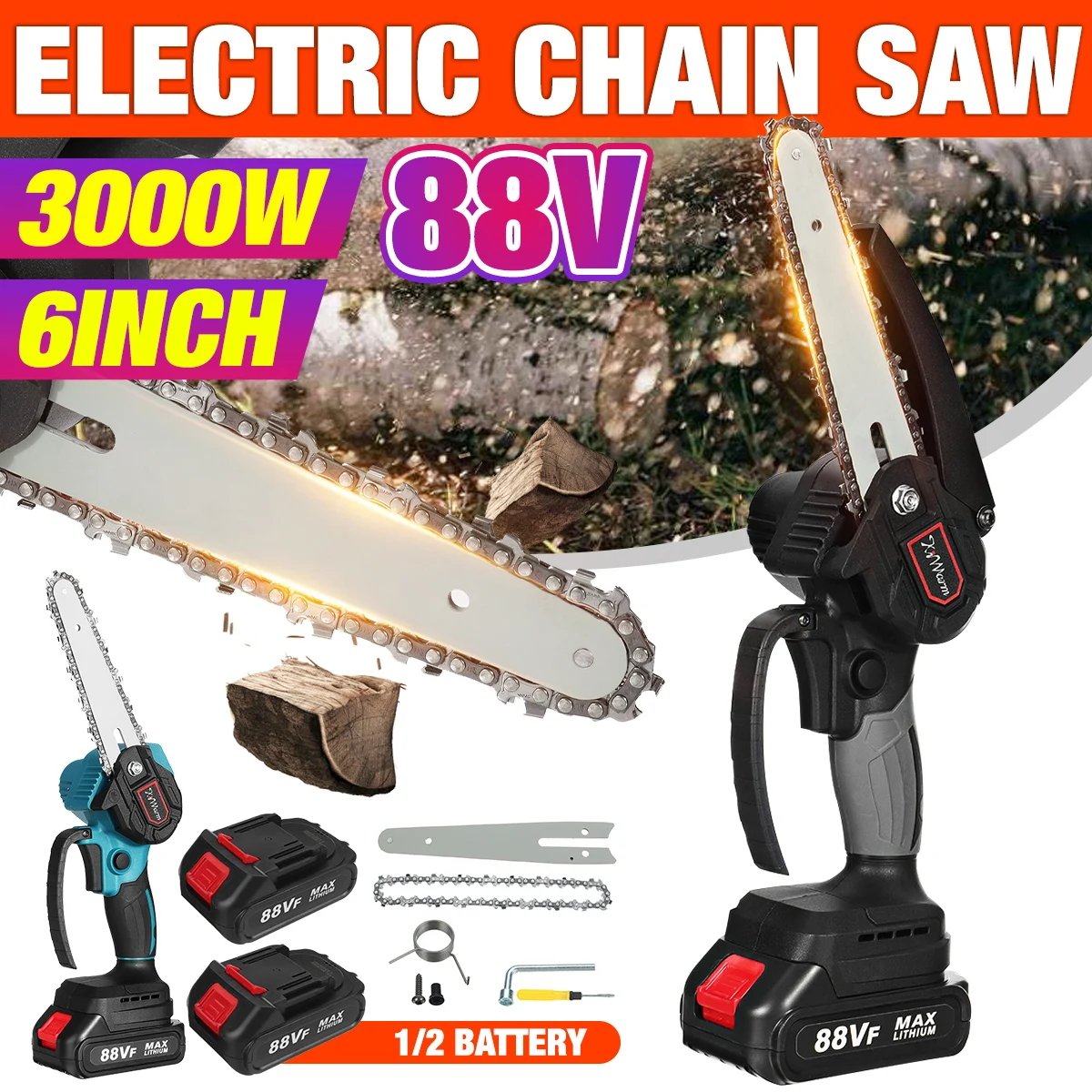 

6 Inch 88V 3000W Electric Chain Saw Pruning Chainsaw With 2 Battery Woodworking Pruning One-handed Garden Logging Power Tool