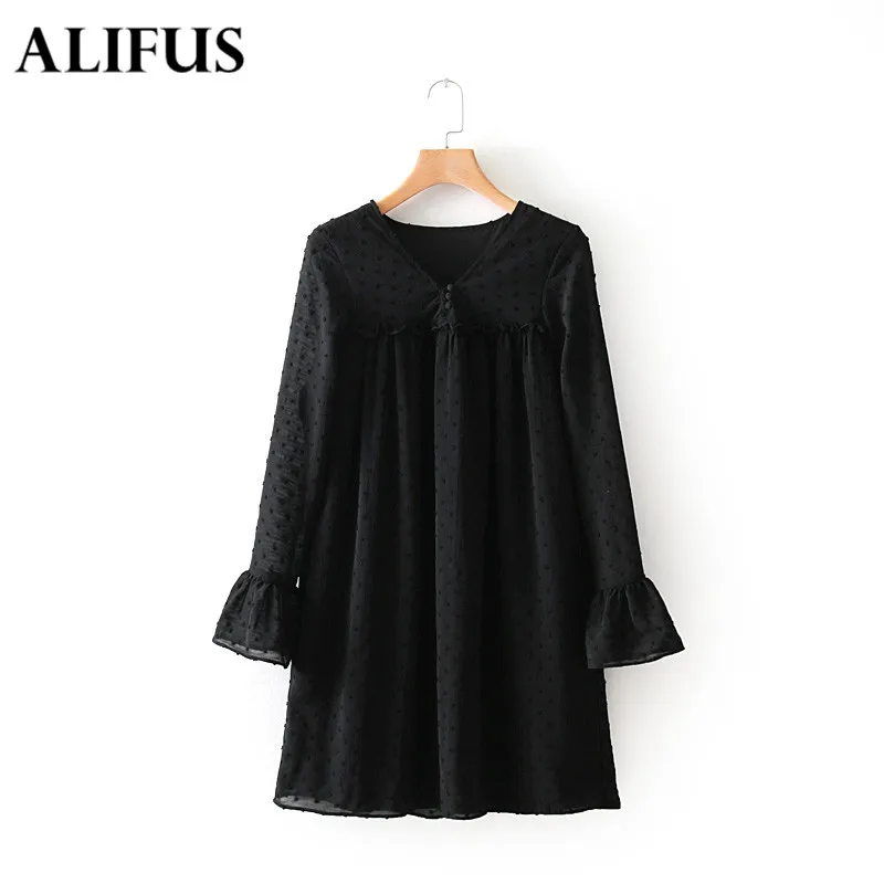 Модное сексуальное Свободное платье в черный горошек с v-образным вырезом и