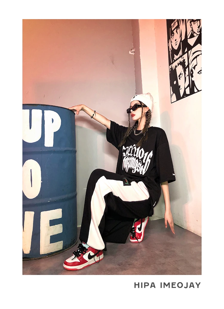 

Hip Hop Style Women Black Trousers Harajuku Patchwork Straight High Waist Streetwear Loose Casual Vintage Fashion Pants Korean