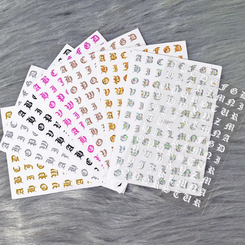 

8pcs/set Holo Letter Nail Art Sticker Reflections Letter Old English Alphabet Nail Art Decals 3D Vinyls Nail Adhesive Tips BRR6