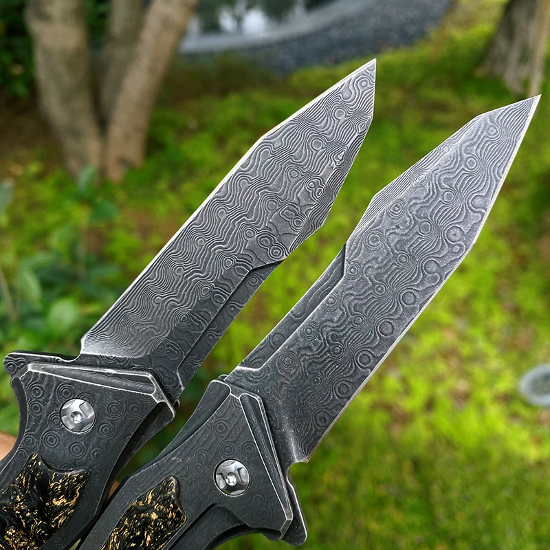 Jual Serat Karbon Saku Pisau Lipat Damaskus Baja Buatan Tangan Pisau Luar Ruangan Berkemah EDC Alat Taktis Pertahanan Diri Utilitas Pisau