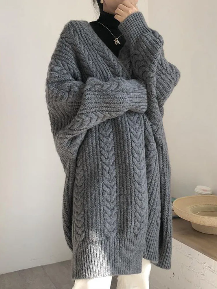 Sweater Coat Female Hemp Loose Large Size Lazy Wind Korean Autumn Winter Long European Station Knitted Cardigan Outside