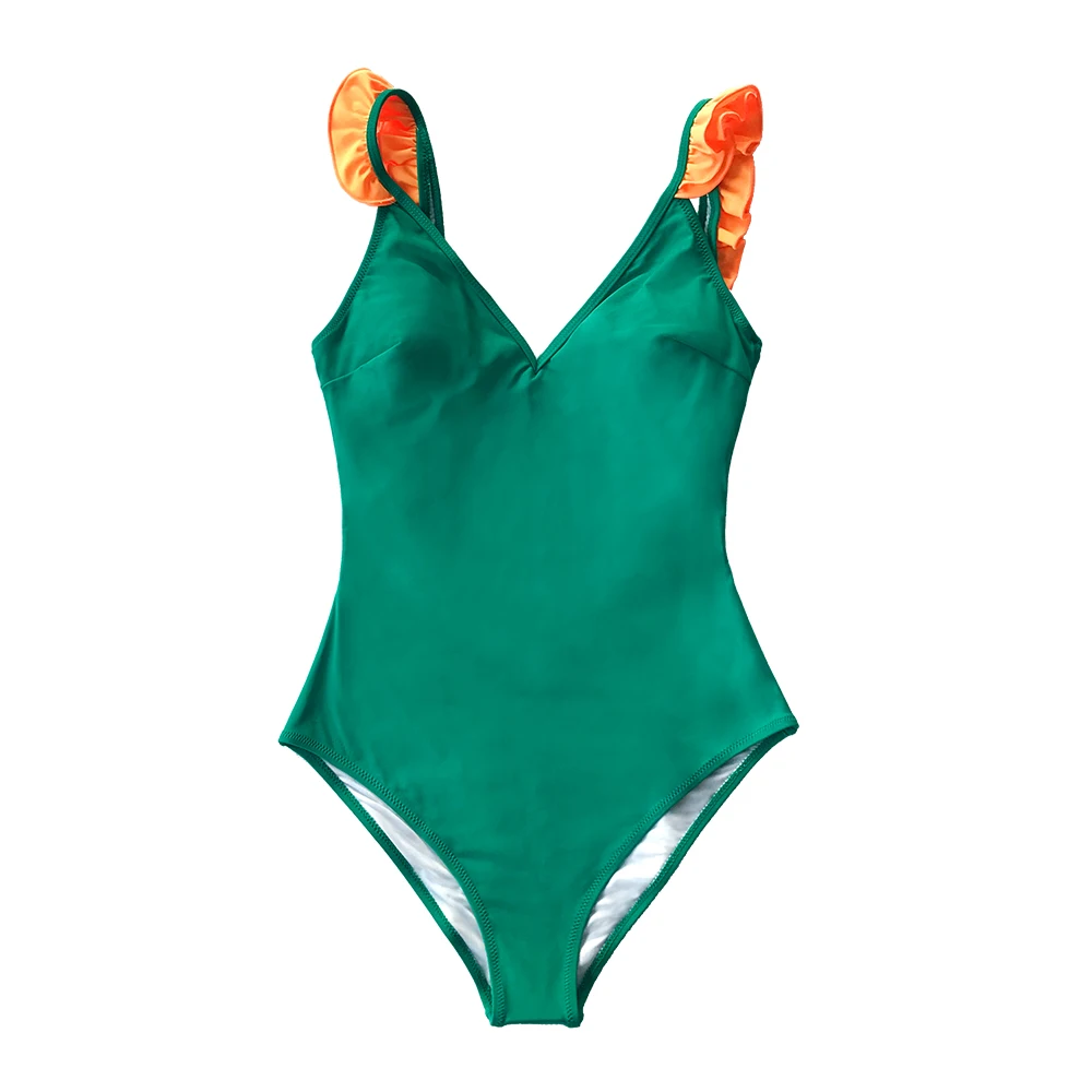 AB20576G CUPSHE, черный с розовыми рюшами, слитный купальник для женщин, цветной блок, v-образный вырез, милый Монокини, купальник,, сексуальный купальник для девушек - Цвет: AB20576G