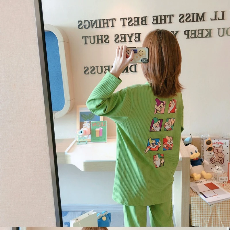 Disney Snow White Ladies Pajamas Set Sleepwear Home Wear Cartoon DwarfPrint Pajama Female Casual Long Sleeve Plus Size Sets Suit