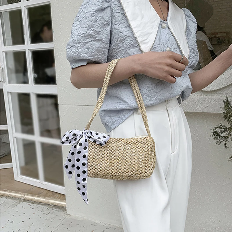 

Casual Zipper Straw Shoulder Bags 2021 Women Summer Underarm Purse Rattan Beach Lady Travel Handbags Clutch