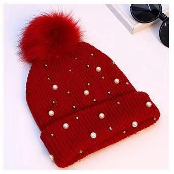 wine red Модная теплая зимняя шапка для женщин, одноцветная вязаная шапка Skullie, женские шапочки с помпоном, шапки с помпонами, женская уличная шапка - Цвет: wine red