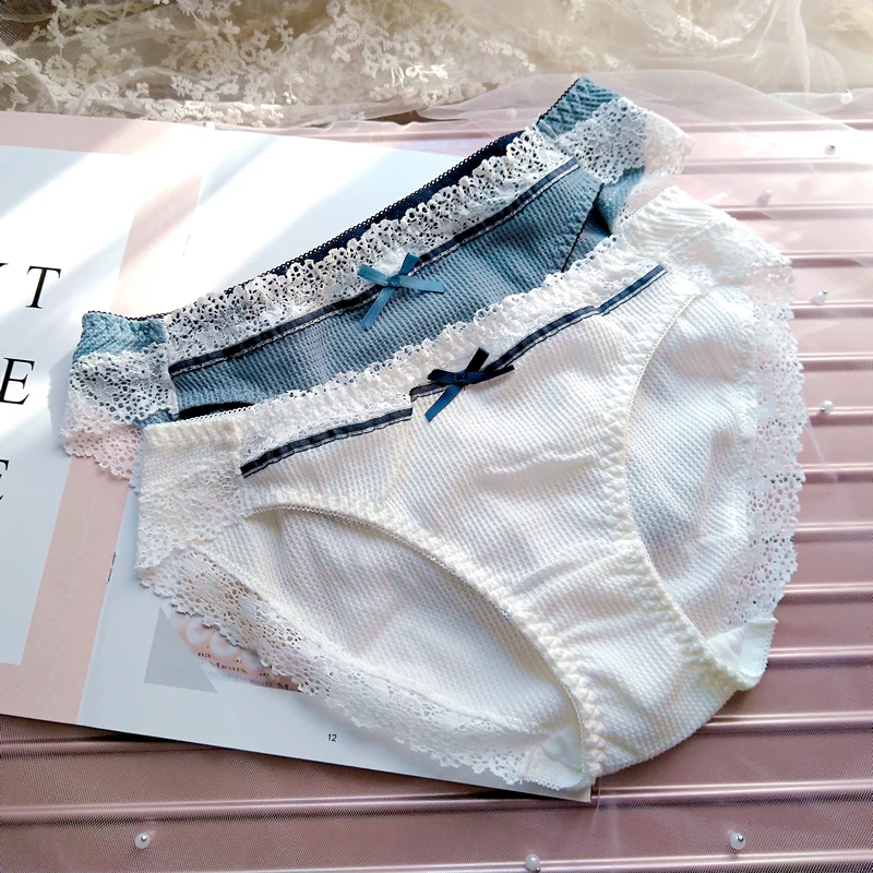 

Peach Honey Rabbit Japanese Style Soft Girl Color-Blocking Bow Girl's Underwear Pure Cotton Lace women Briefs Sheath