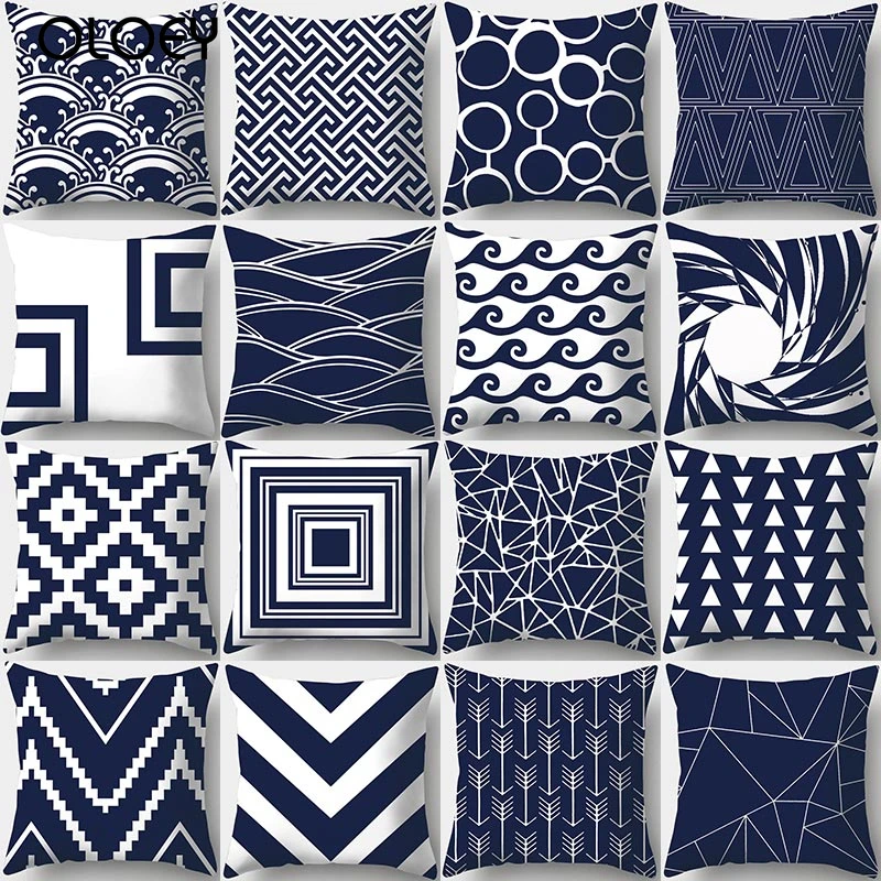 Темно синее с геометрическим принтом Декоративная Подушка Наволочка Чехол для