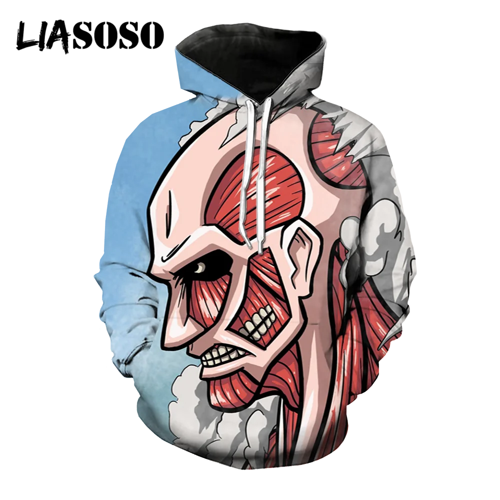 LIASOSO Anime Hoodies Attack on Titan Head Hoodie Sweatshirts Harajuku Streetwear Women Men Clothes 3D Print Sets Tracksuit Tops