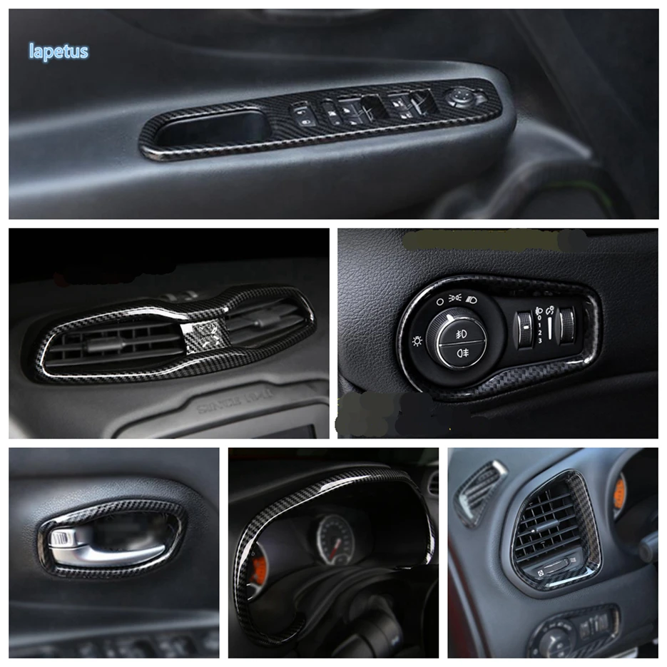 

Lapetus Carbon Fiber Look Interior Refit Kit Dashboard / Door Bowl / Headlamps / Air AC Cover Trim For Jeep Renegade 2015 - 2020