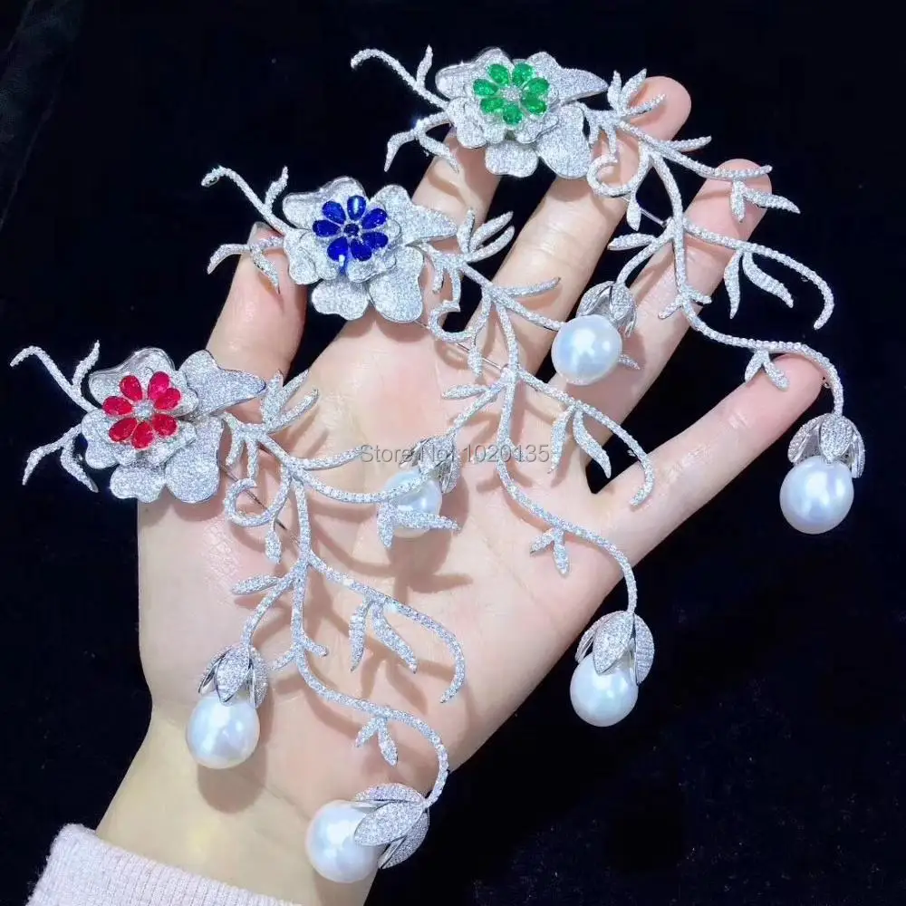 Вау! Красная/зеленая/синяя циркониевая Цветочная белая брошь с пресноводным