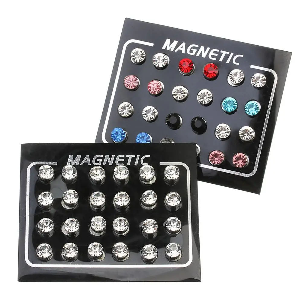 12 парт/лот разноцветные магнитные серьги гвоздики с прозрачными кристаллами для