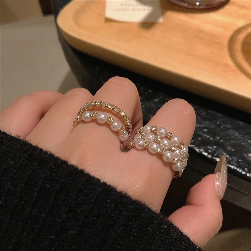 

New Minimalist Multi Bead Simulated Pearl Geometric Rings Women Finger Inlaid zircon Jewelry Fashion Adjustable Elastic Ring
