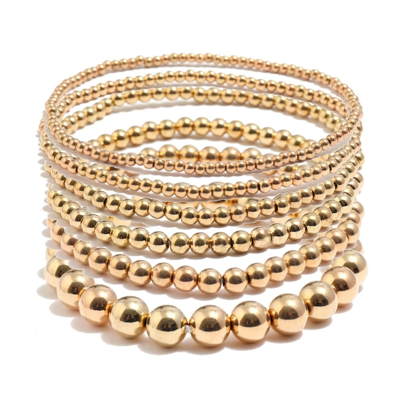 

6 Pcs Retro Simple Round Beads Bracelets Elastic Stretch Beaded Bangles Jewery