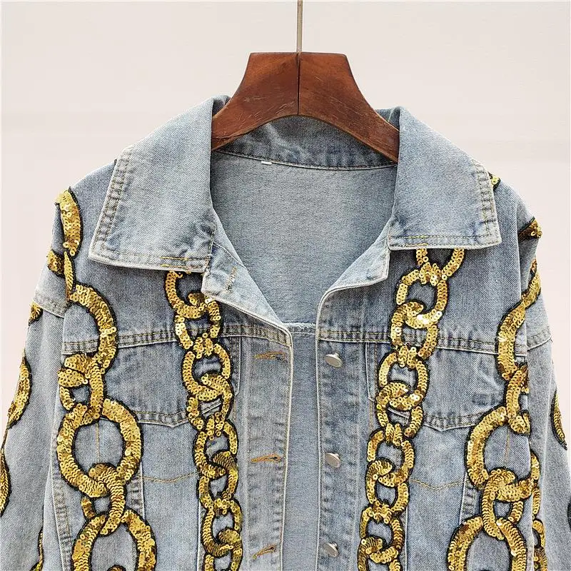 Весна Осень шикарная золотая цепочка с блестками Джинсовая куртка для женщин