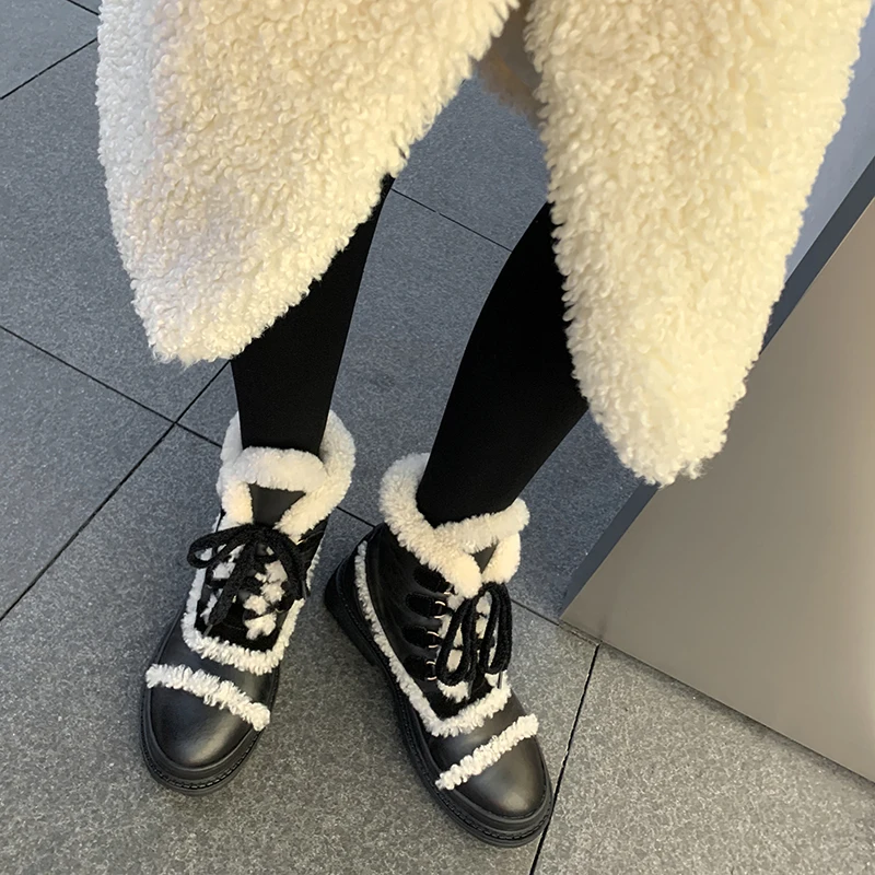 

Osunlina Woman's Winter Ankle Boots Wool Fur Lace Up Genuine Leather Handmade Ankle Boots Casual Round Toe Keep Warm Shoes Lady