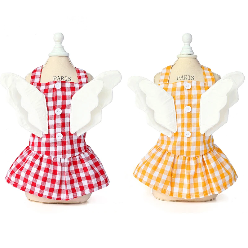 Для весны и лета с крыльями ангела щенок собака Хлопковое платье в клетку платья