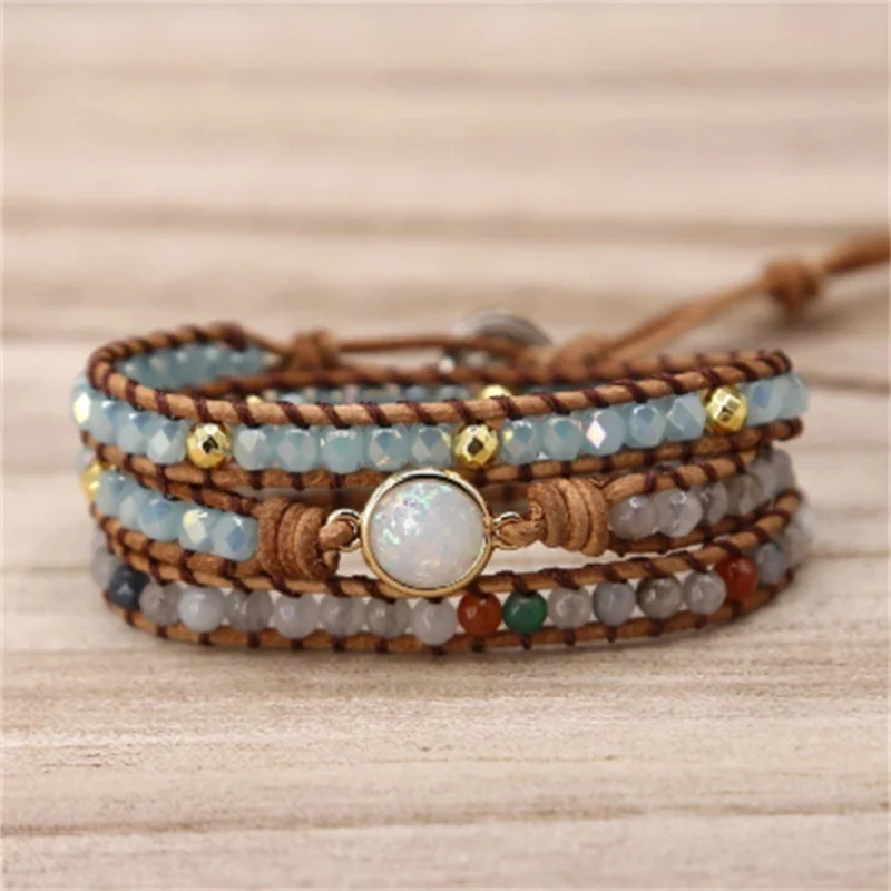 

Unique Quality Women Bracelets Natural Stone Rhinestone 3 Rows Leather Wrap Bracelet Fancy Femme Boho Bracelets Wholesale
