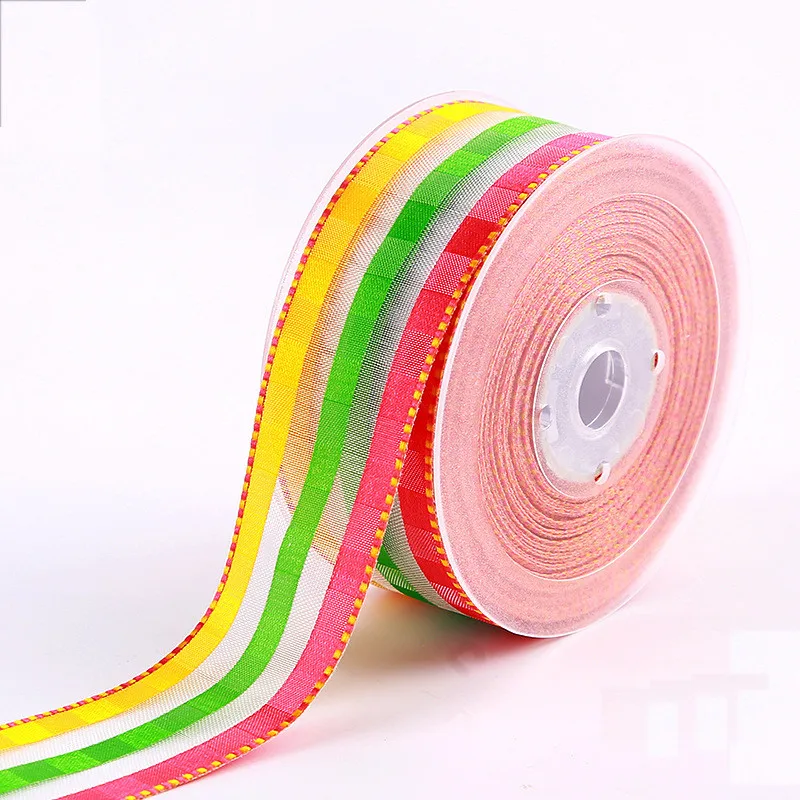 

38MM 25yards Wired Stitches Edges Colorful Stripes Check Ribbon for Festival Christmas Decoration New Year Gift Wrapping N1103