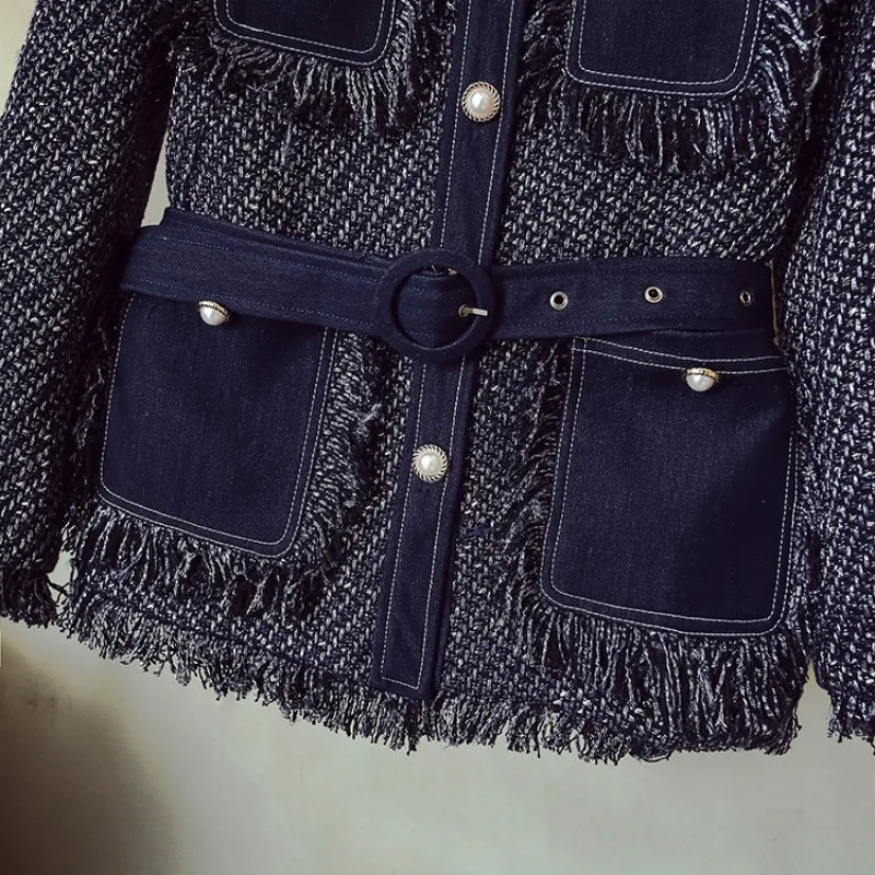 

Qualities Womens Turn Down Collar Autumn Denim Patchwork Tweed Jackets Pockets Tassel Single Breasted Sashes Office Ladies Wear