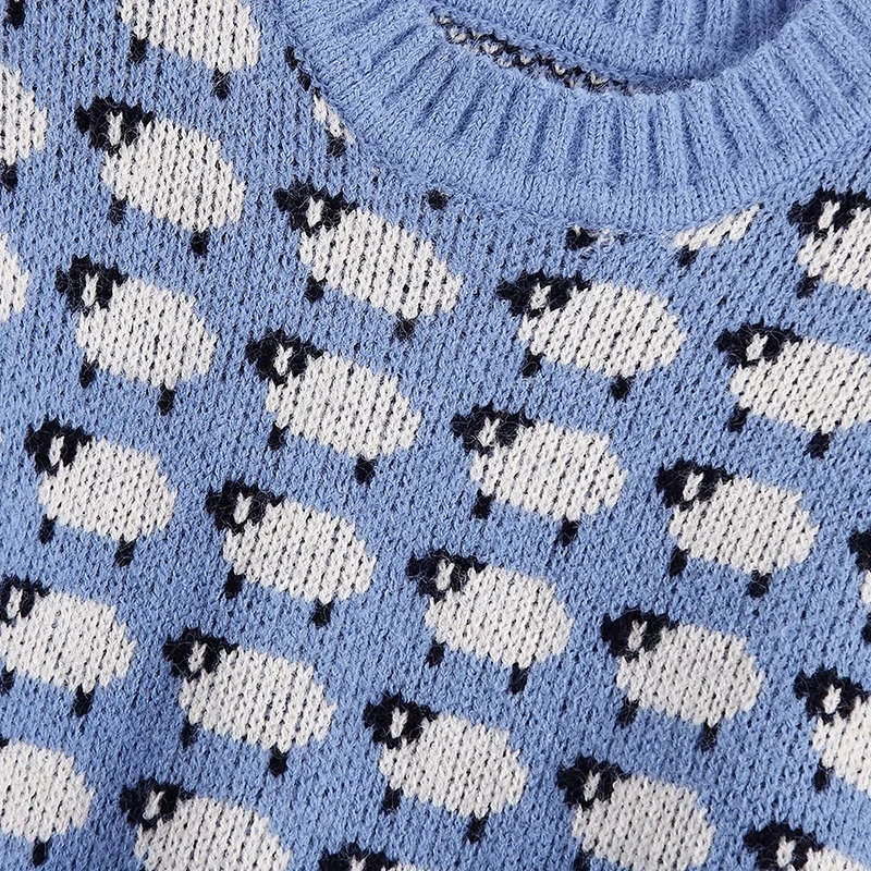

MXTIN 2021 Women Fashion With Ribbed Trims Jacquard Knitted Sweater Vintage O Neck Long Sleeve Female Pullovers Chic Tops