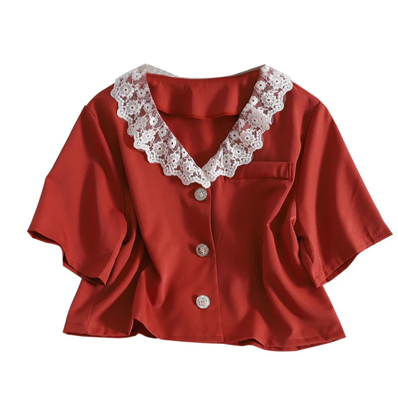 

Kimutomo Color Contrast Blouse Lace Patchwork V-neck Single Breasted Shirt Women Summer Solid All Matching Short Tops Casual
