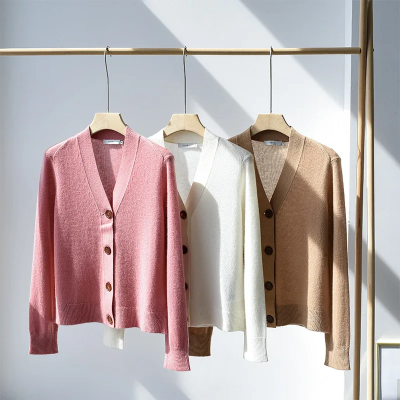 

Cardigan Women 100% Cashmere Knitted V Neck Long Sleeves Single Breasted High Quality Solid 3 Colors Casual Style New Fashion