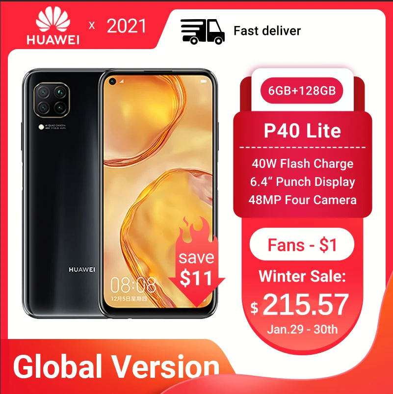 Смартфон HUAWEI P40 Lite глобальная версия 6 ГБ 128 AI Quard камера 48 МП FHD экран 4 дюйма