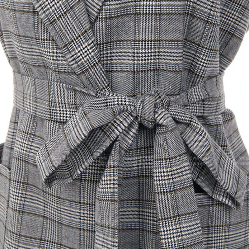 Женский блейзер с поясом-бантом Офисная куртка серого цвета в клетку Элегантная