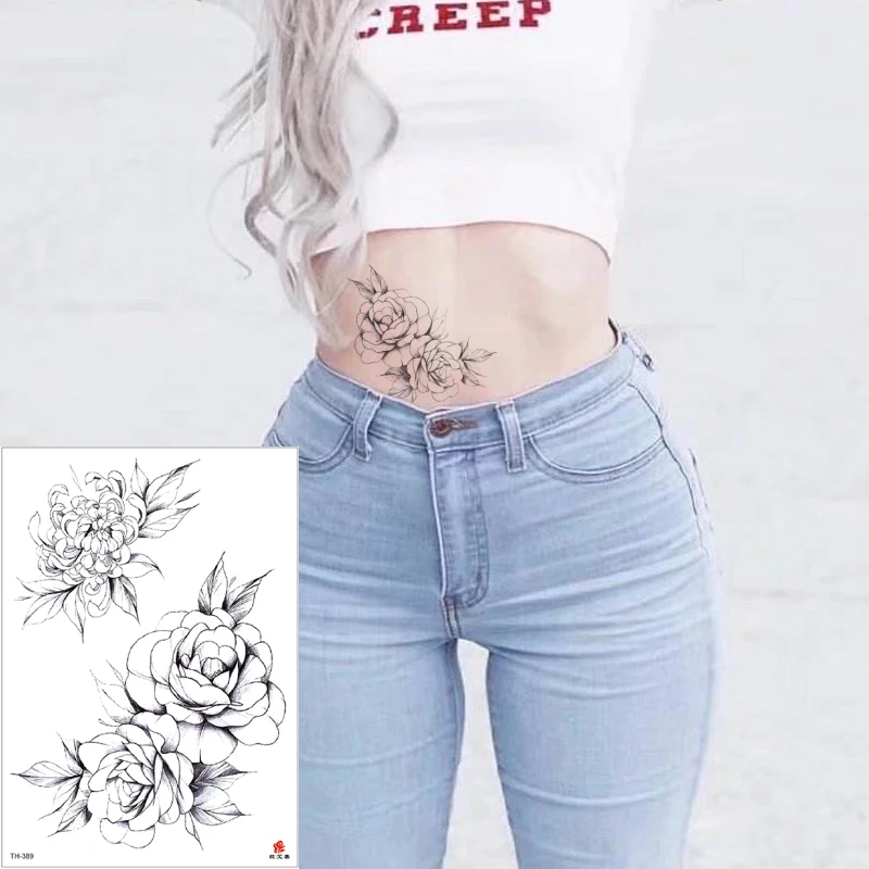 Тату наклейка черно белая пион цветок боди арт искусство водостойкая переводная