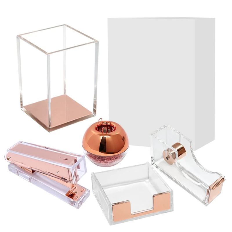 

Creative Stationery Set Rose Gold Pen Holder Stapler Tape Holder Note Holder Paper Clip Round Box Office
