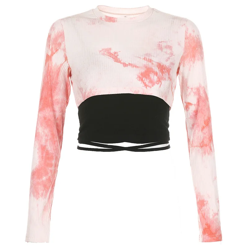 

Zoulv Spring/Autumn High Street Tie-dye Two-piece Loose Blouse Round Neck Stitching Color Matching Casual Hedging Short Crop Top