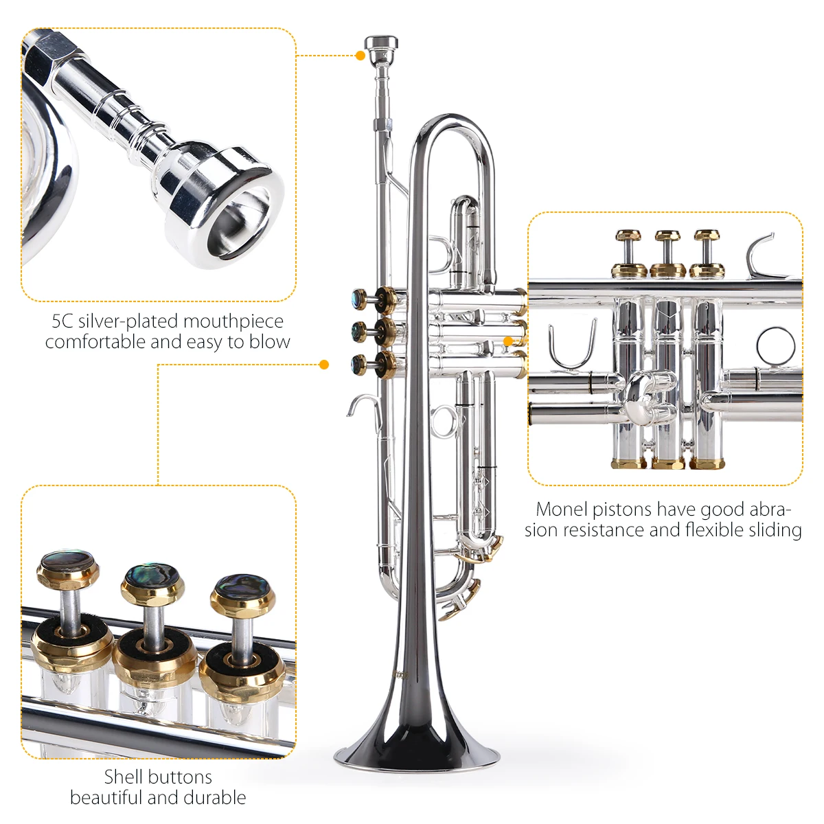ammoon Prefessional Bb Trumpet Brass Material Surface Beautiful Shell Buttons Wind Instrument with 5C Mouthpiece Carry Bag Glove | Спорт и