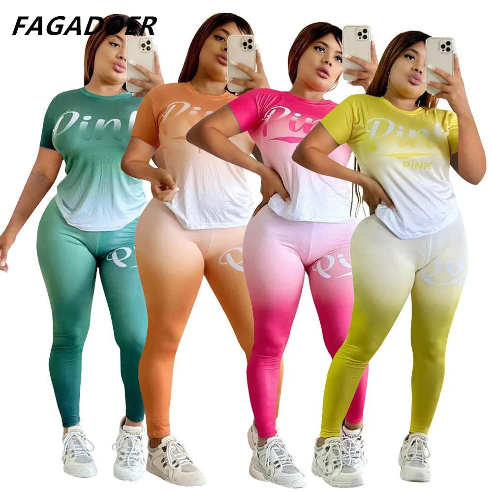 

Повседневный Спортивный комплект из двух предметов Fagadoer Tie Dye, Женская облегающая футболка с принтом букв розового цвета + леггинсы, спортив...