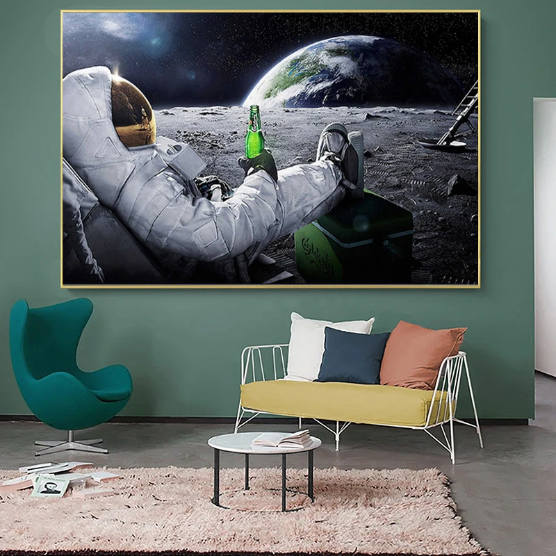 

Outer Space Astronauts Relaxing Beers Moon Canvas Painting Posters and Prints Wall Art Pictures for Living Room Home Decoration