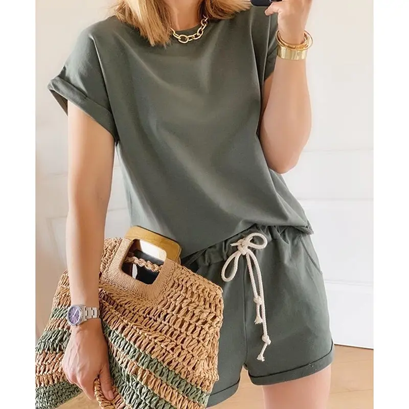 

New Women's Two Piece Suit 2021 Summer 2 Piece Set Elastic Waist Casual Solid Color Leisure Pajamas Set O-Neck Home Wear