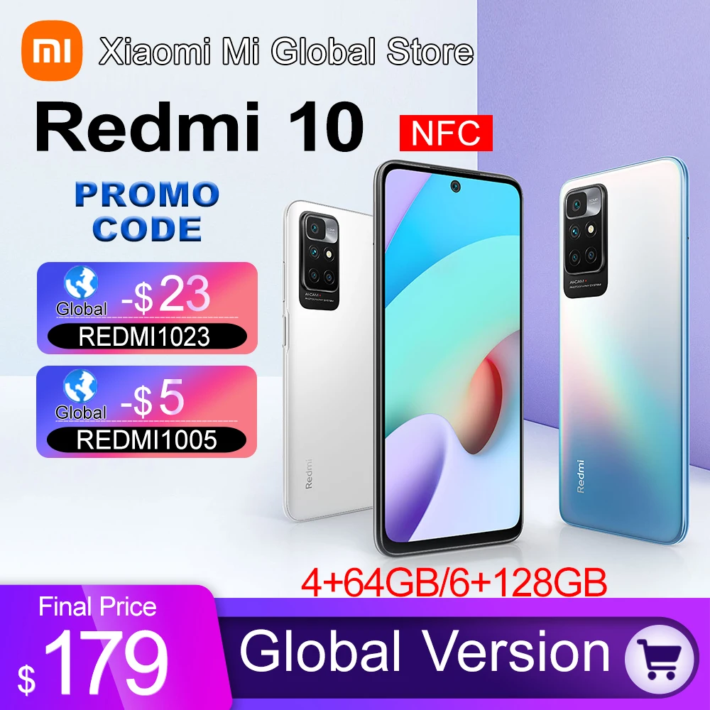 Xiaomi-Smartphone Redmi 10, versi&oacute;n Global, 4G, 64G/128G, c&aacute;mara cu&aacute;druple ia de 50MP, pantalla FHD de 90Hz, Helio G88, ocho n&uacute;cleos, NFC-0