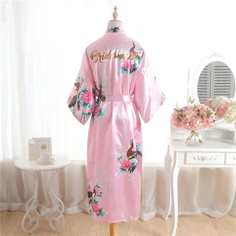 Розовый золотистый длинный атласный шелковый халат для невесты Свадебный