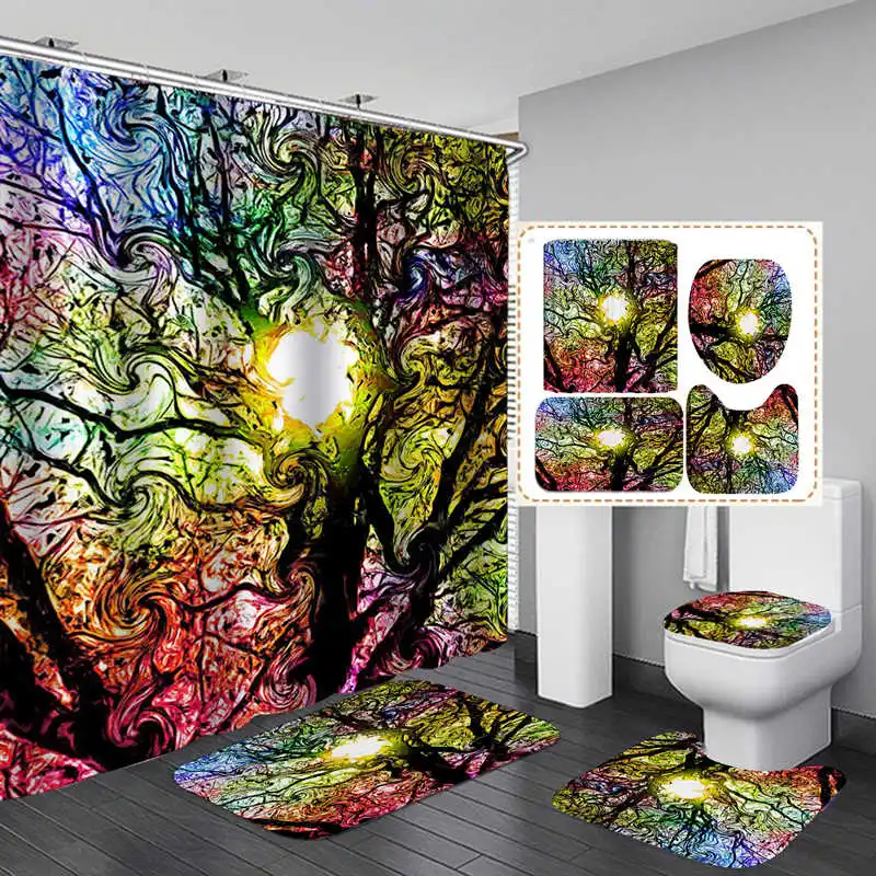 

Color Tree Flannel Bath Mat Toilet Cover Rugs Fabric Shower Curtain With 12 Hooks Home Bathroom Decor Set