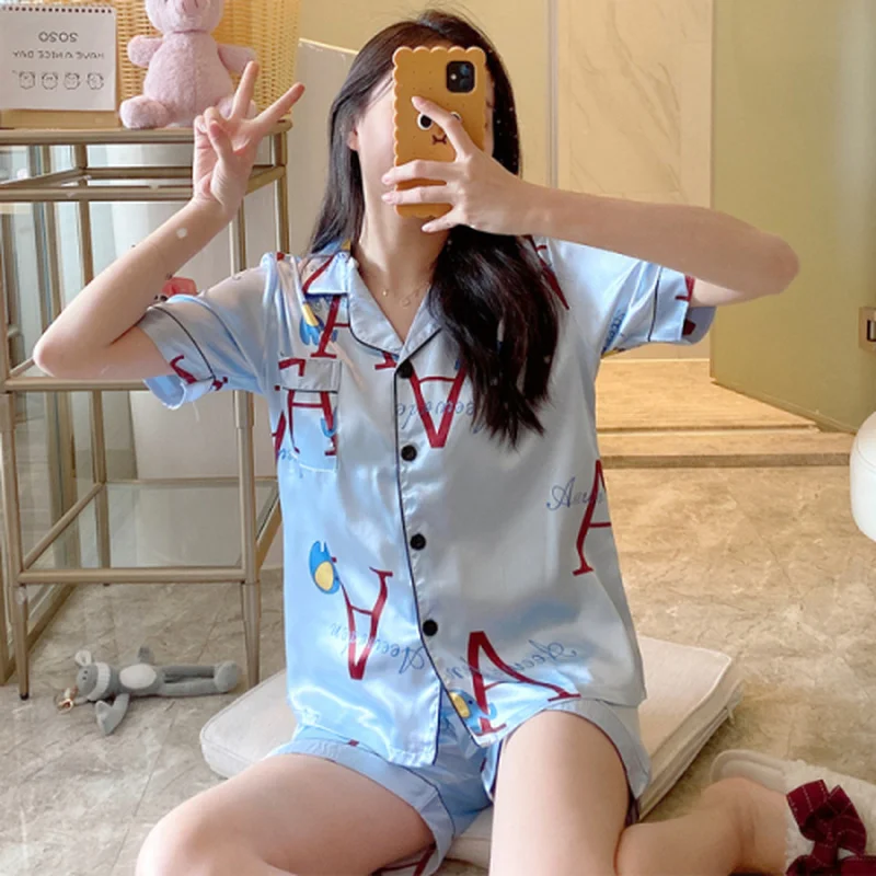 Шелковая пижама с коротким рукавом удобные женские летние Пижамные комплекты