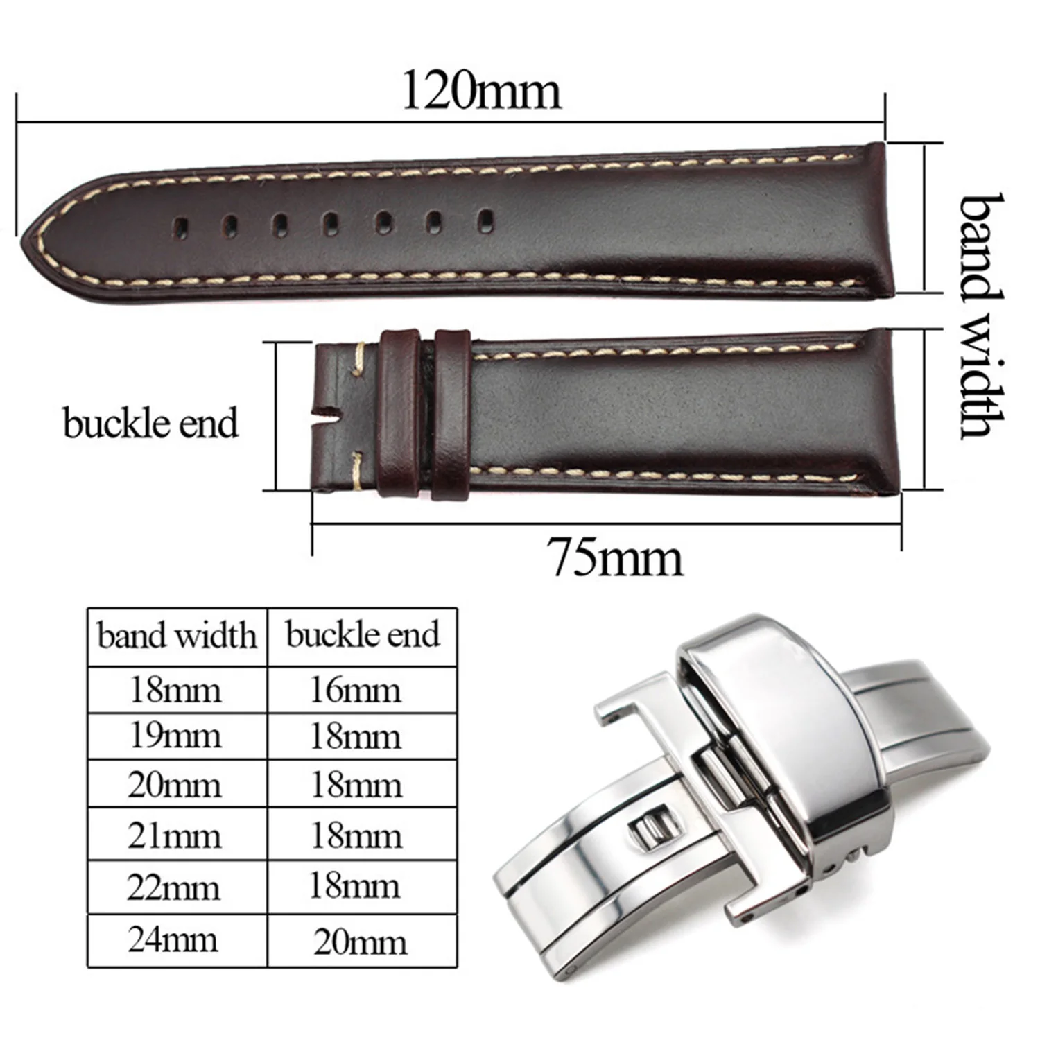 18-24mm Women Men Vintage Smooth Watch Band Strap Dark Brown Genuine Leather Bracelet Metal Butterfly Deployment Clasp Buckle
